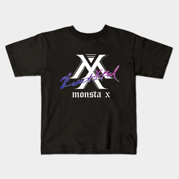 MONSTA X Beautiful Logo Blue to Fuchsia Gradient Kids T-Shirt by cxnq